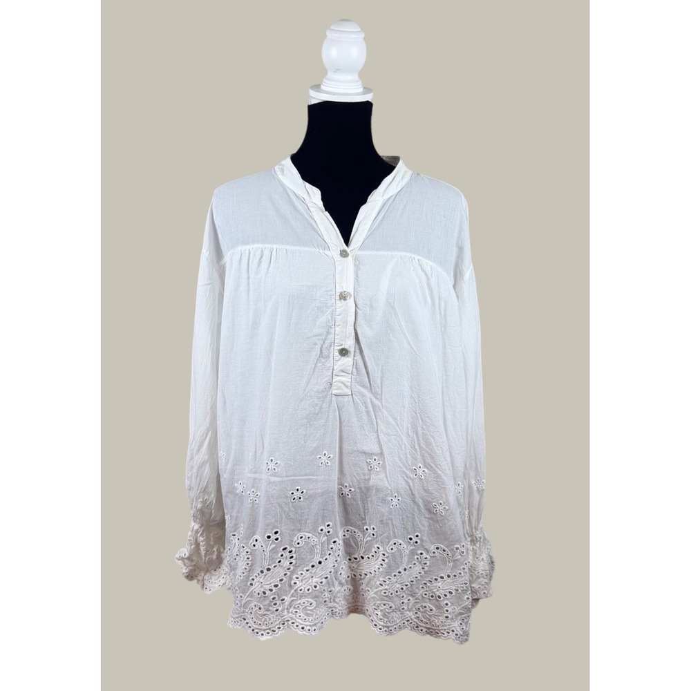 Civico 51 White Eyelet Cotton Tunic Top Made in Italy Boho Ruffle Cuff Womens L